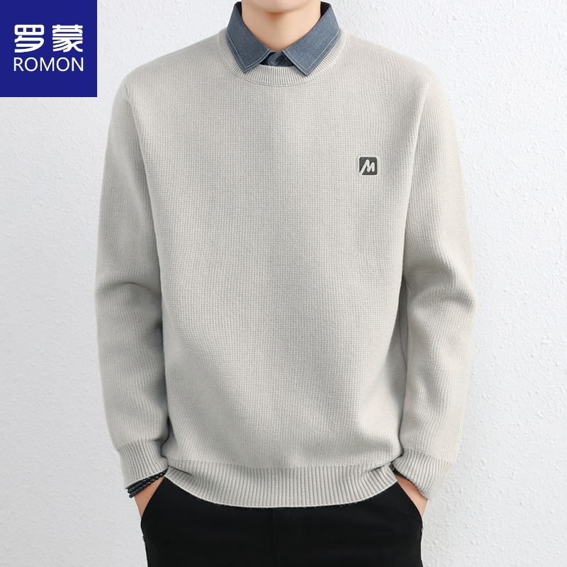 Romon/罗蒙领毛衣男士纯色加厚假两件男装最新款潮款