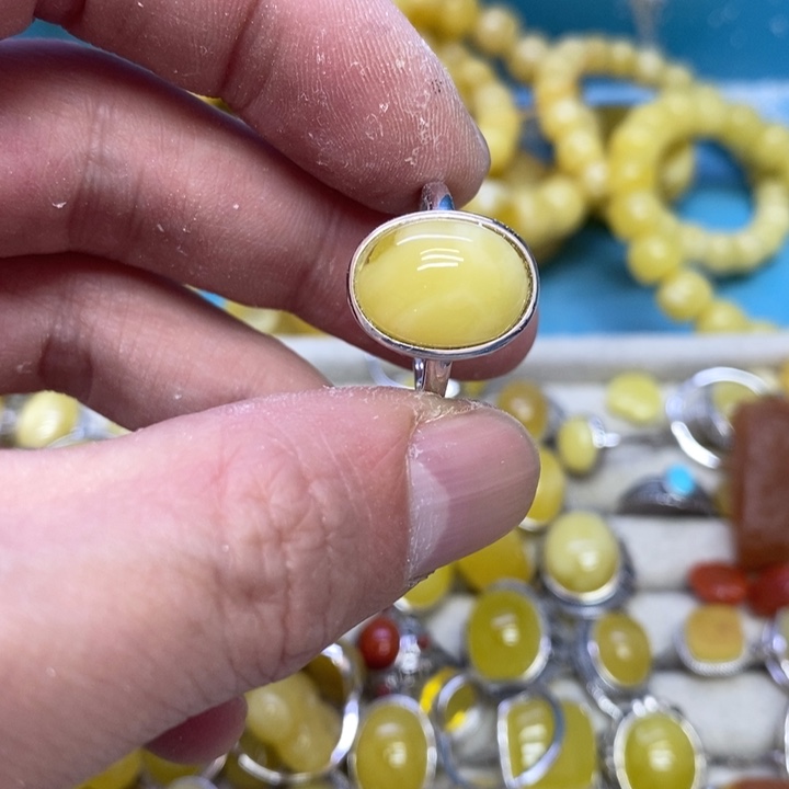 蜜蜡裸石银S925镶嵌戒指