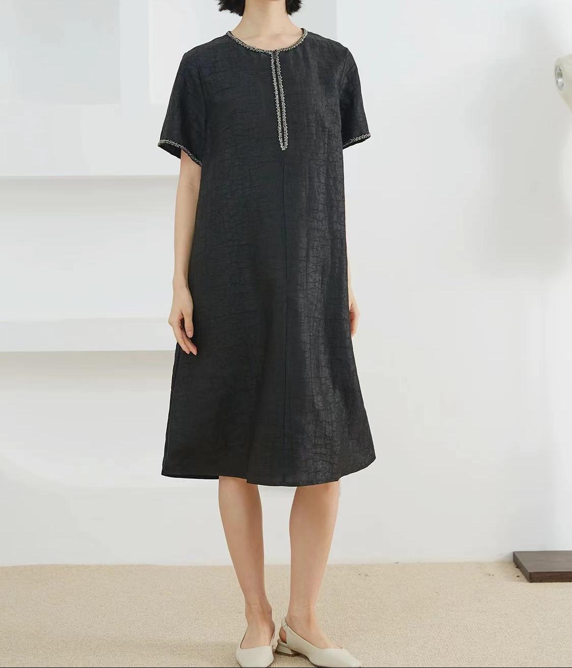 【龟纹钻石】100%桑蚕丝香云纱钉珠胸前拉链连衣裙气质极简61001