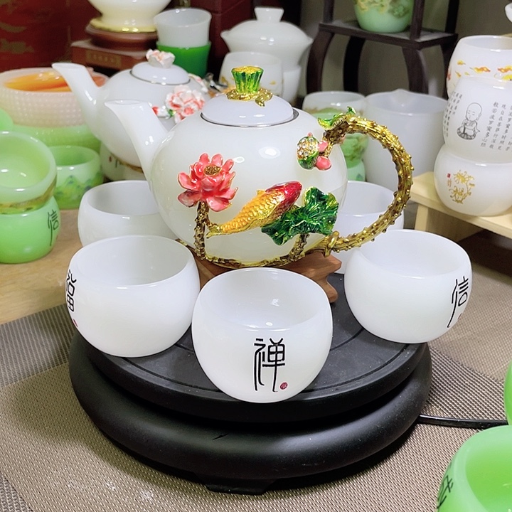 琉璃中式珐琅彩年年有余一壶六杯礼盒套装