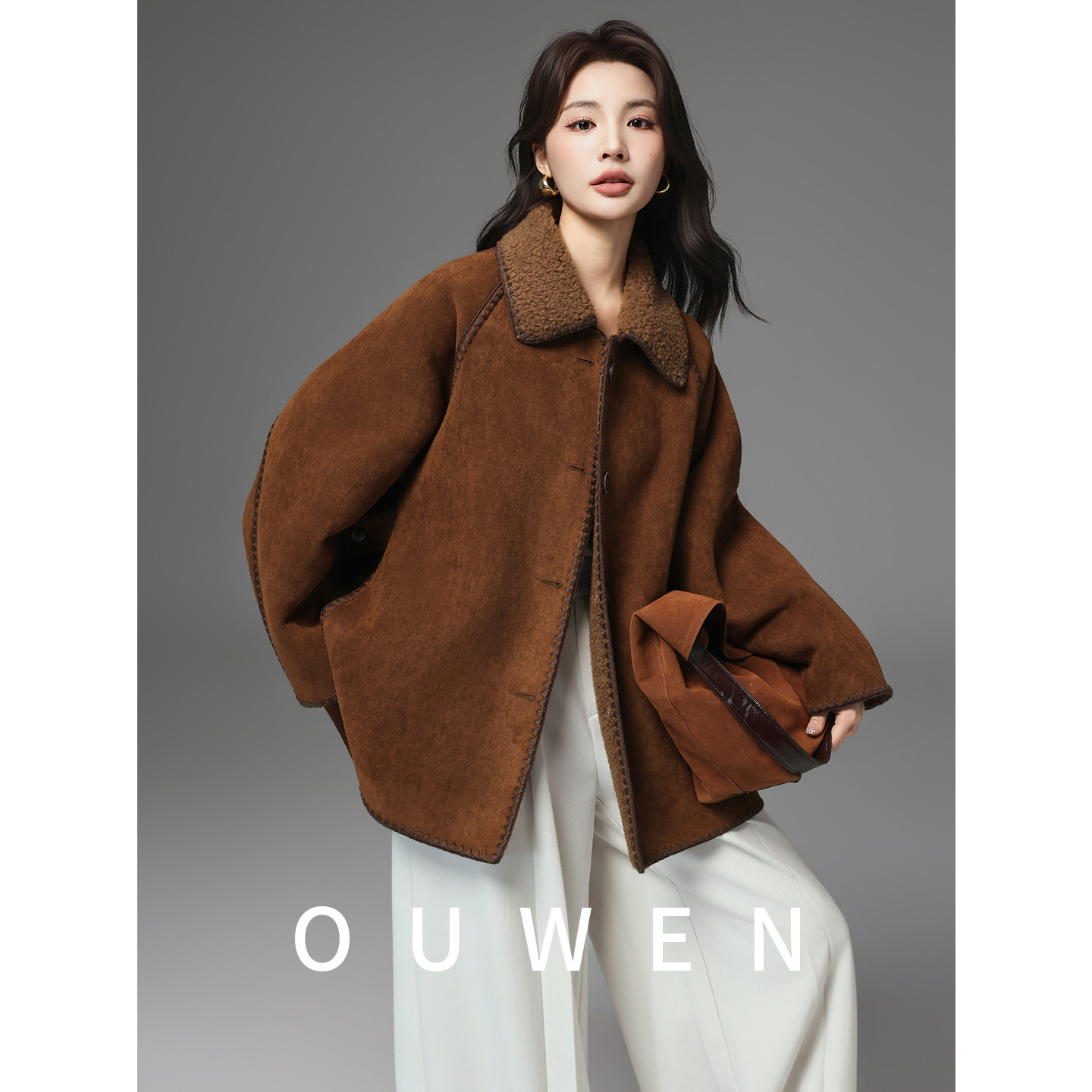 Ouwen质造 100%绵羊毛颗粒皮毛一体女皮草2025麂皮绒编织蝙蝠外套