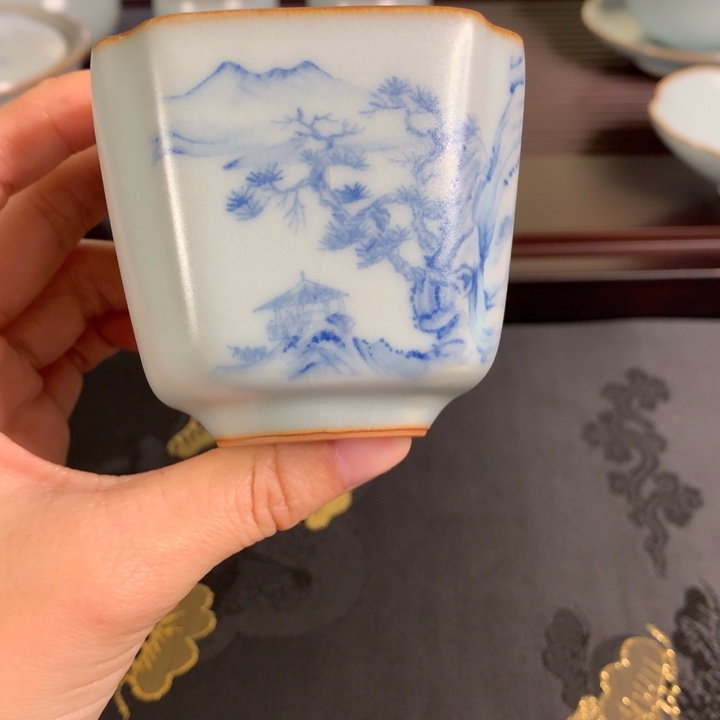 碗天青青花手绘杯汝窑