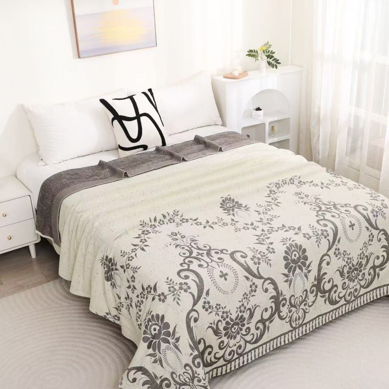 M【法式风情】230*250cm罗布麻亲肤多功能床盖家用简约床盖可机洗