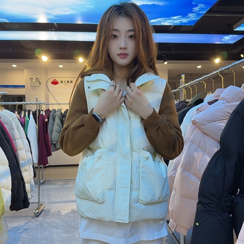 国标白鸭绒时尚修身韩版冬季新款毛呢拼接连帽羽绒服8676