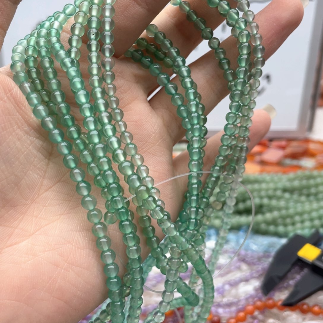 玛瑙/玉髓合金珠宝半成品一条装卡4透体绿玛瑙圆珠