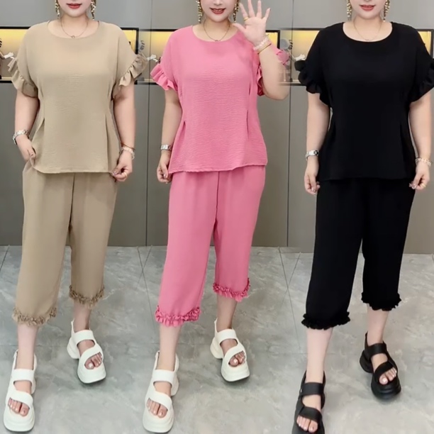 【一套】大码女装遮肉显瘦两件套装纯色静版洋气花边袖后扣显瘦套装