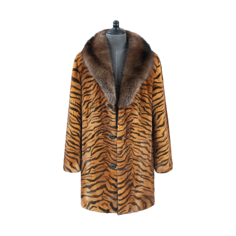 丹麦紫金进口虎斑纹时尚渔貂翻领男士貂皮外套长款冬季休闲气质