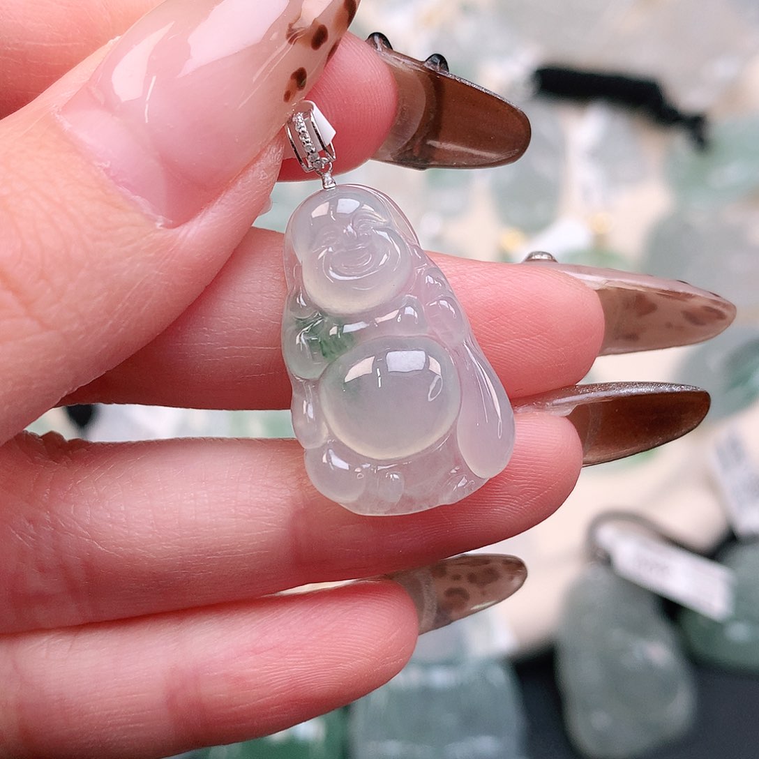 翡翠颈饰18K金镶嵌飘彩布袋佛32，25.8、16.5、5