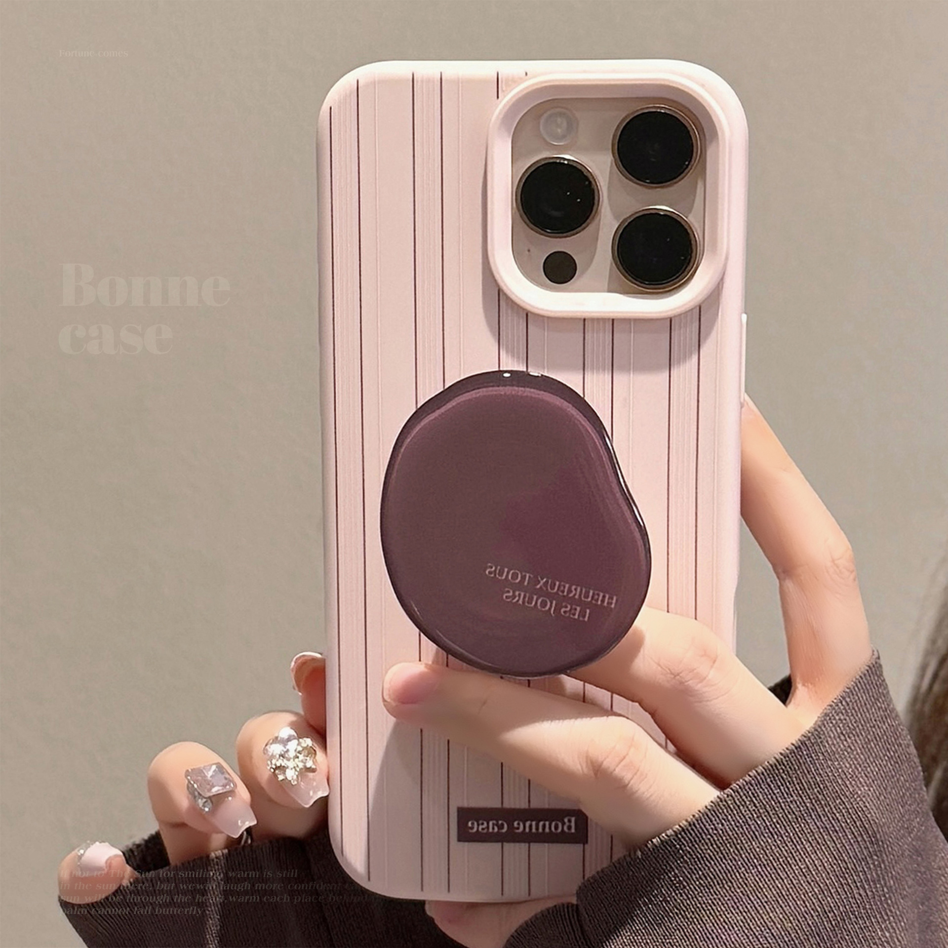 粉棕条纹iphone16promax手机壳苹果14咖啡豆支架15适用13复古11软