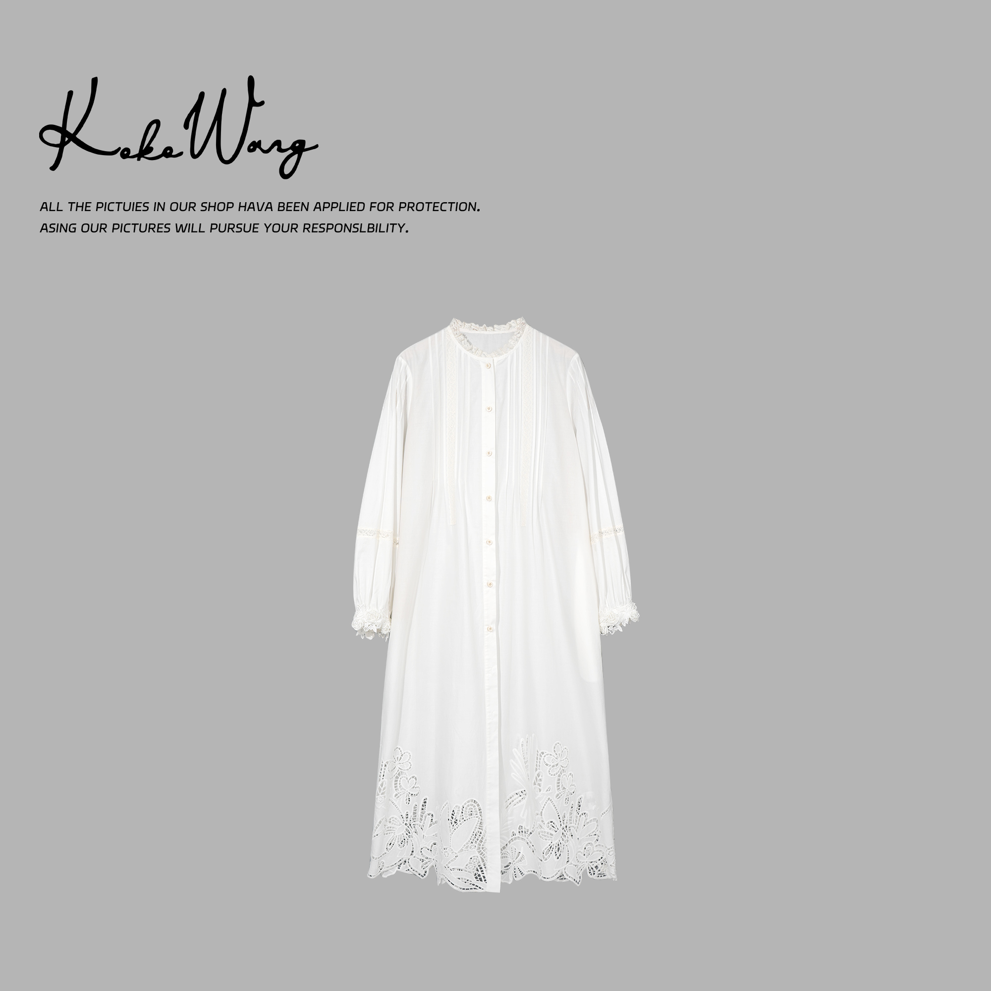 KOKO WANG夏季时尚仙女风花边领蕾丝拼接衬衫连衣裙 470685C08W42