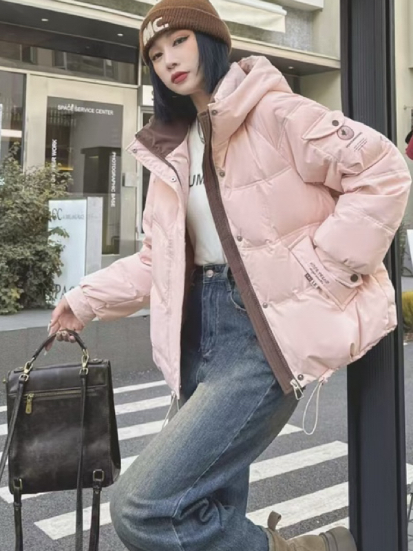 拼色时尚宽松女款加厚连帽休闲百搭面包服