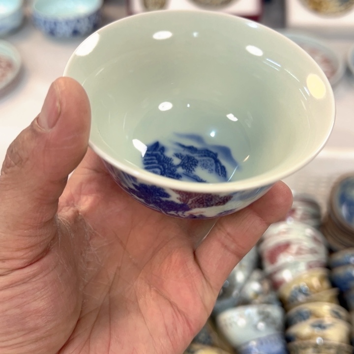 瓷片白青花富春山居图压手杯主人杯全哦