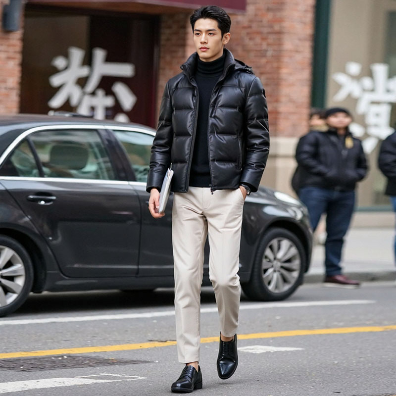 海宁真皮皮衣男士小牛皮羽绒服可脱卸连帽短款夹克鹅绒真皮皮衣