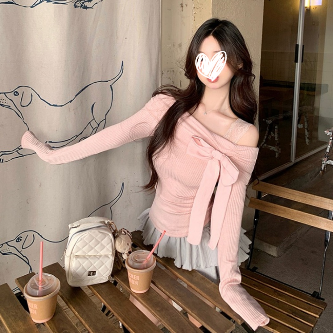 一字肩纯欲粉色针织打底衫女春季绝美蝴蝶结露肩内搭短款