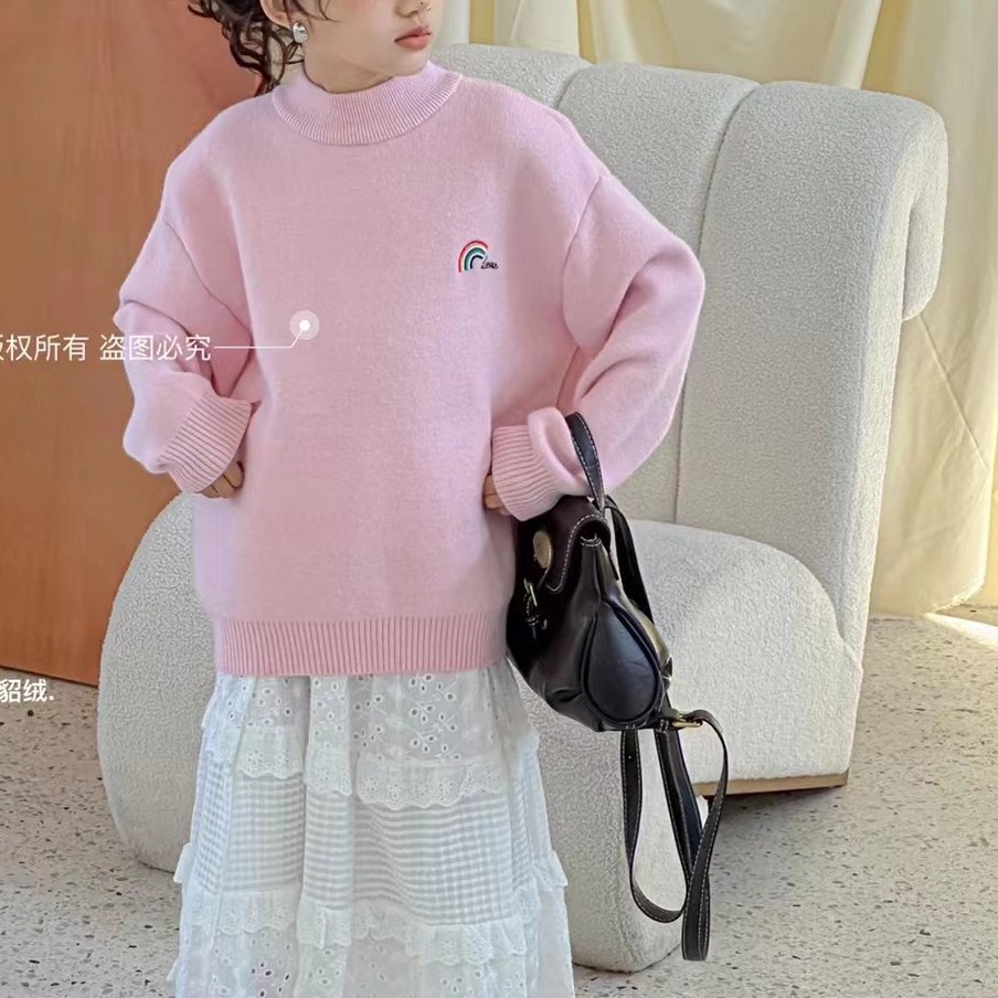 大Ｅ家冬季儿童一体仿水貂绒毛衣82572女童加厚针织衫圆领时尚卡通