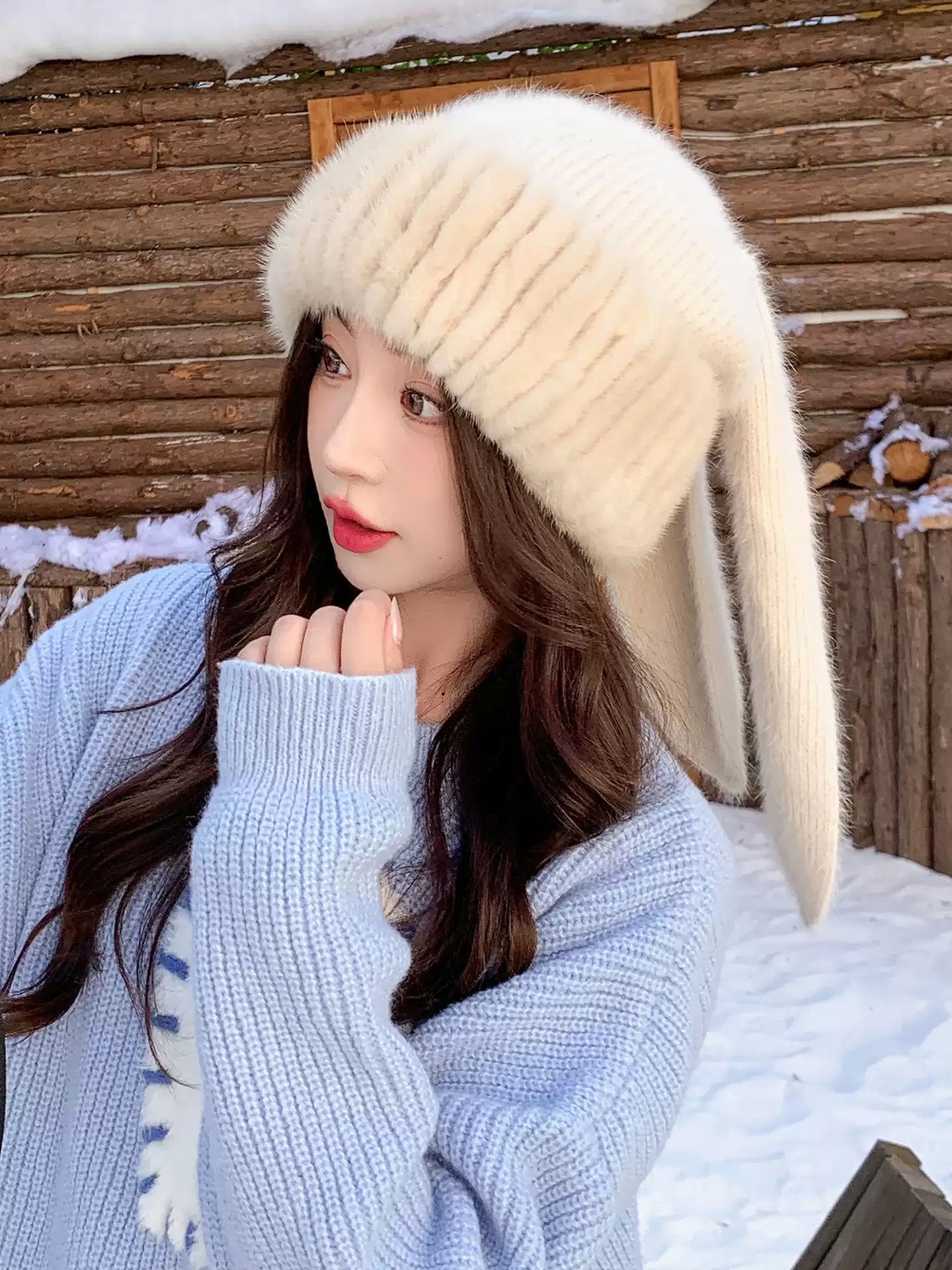 [雪境邂逅]水貂毛长垂耳帽冬季雪景拍照保暖显脸小软萌仙女风女帽