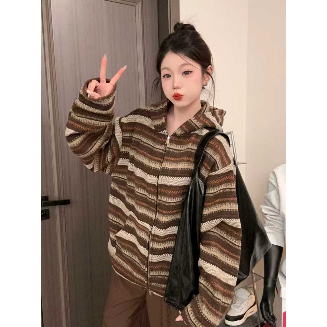 HandSeven日系慵懒风秋季条纹连帽卫衣美式复古宽松帽衫男女外套