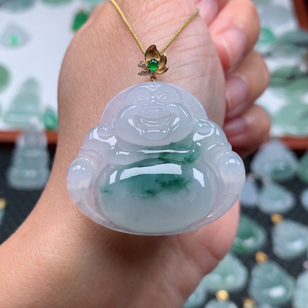 翡翠A货 18k金扣头水润飘花佛公吊坠 尺寸32.3×36.6×6.2