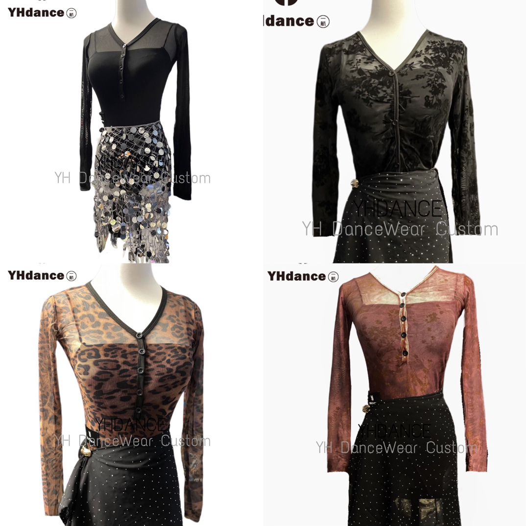 YHDANCE拉丁舞摩登舞上衣黑色豹纹植绒印花C323