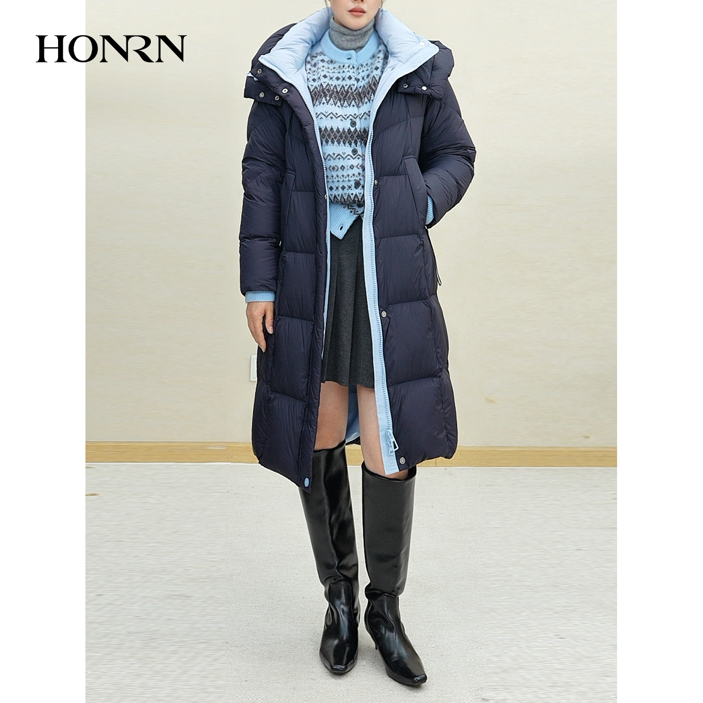 HONRN/红人冬季加厚连帽长款保暖鹅绒羽绒服HK59YR133