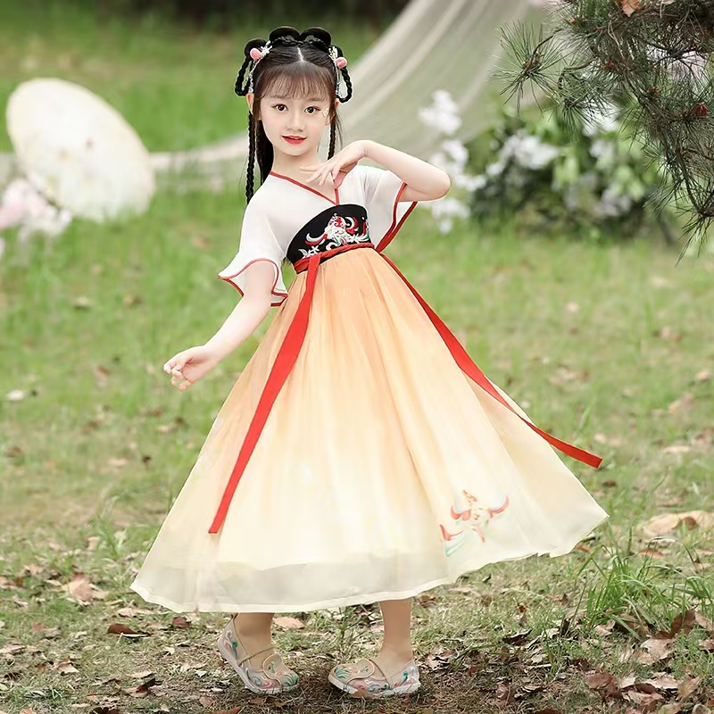 2115女童夏季汉服裙绿色橙色汉服裙