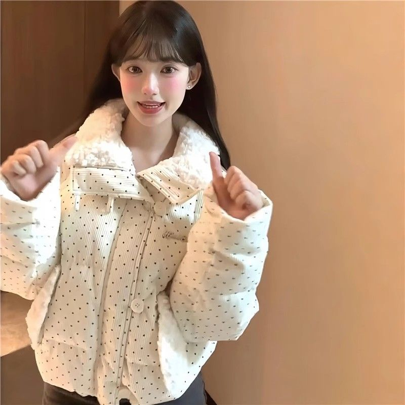 【刘叮铃专属】毛茸茸加厚保暖短款波点小个子棉服外套女百搭面包服