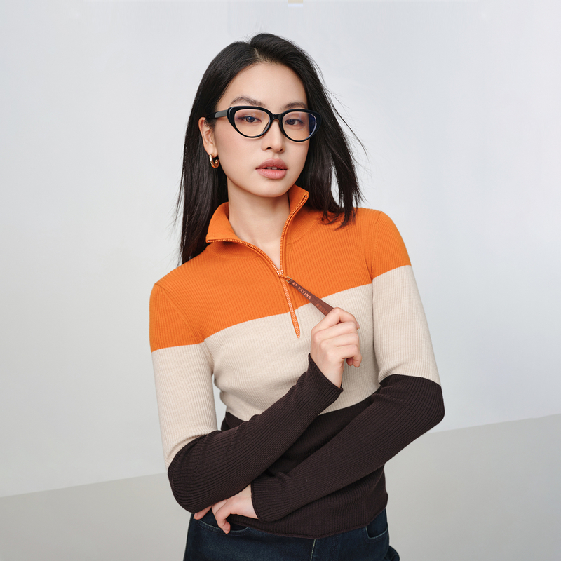 EP雅莹早秋新款女装 100%纯羊毛休闲撞色高领修身针织衫9513A