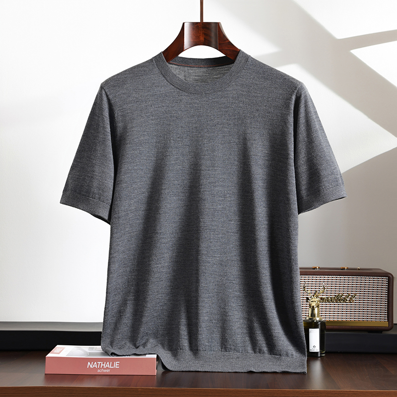 精仿羊毛修身休闲短袖男士圆领18针细针织可打底纯色t恤夏季上衣