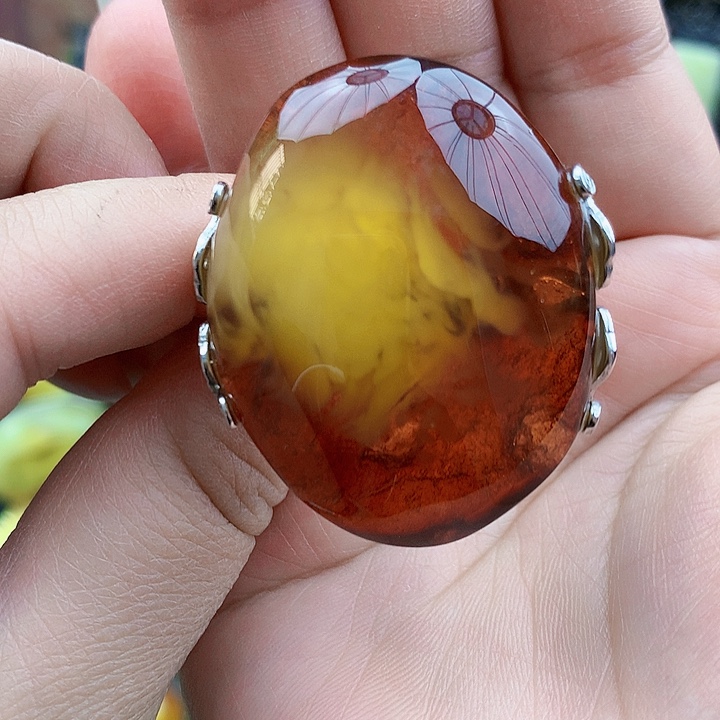 琥珀裸石银S925镶嵌戒指