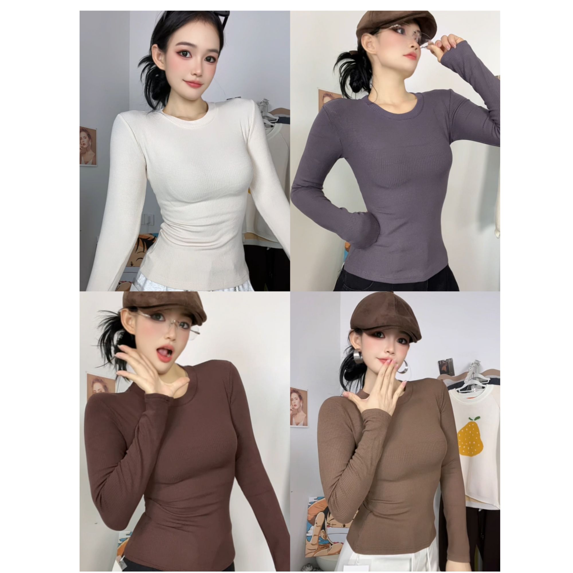 2025弹力长袖加厚T恤圆领秋冬防静电打底衫极简风掐腰显瘦#3927