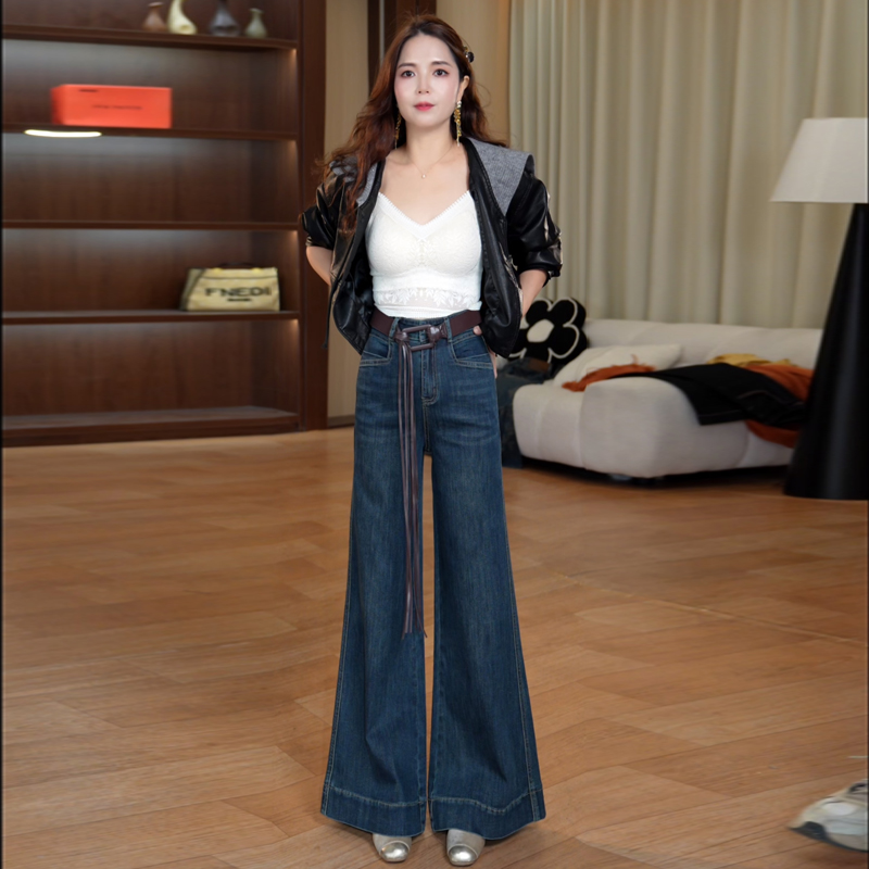JL9853高腰牛仔裤女秋季新款2025年宽松百搭长裤复古蓝喇叭裤