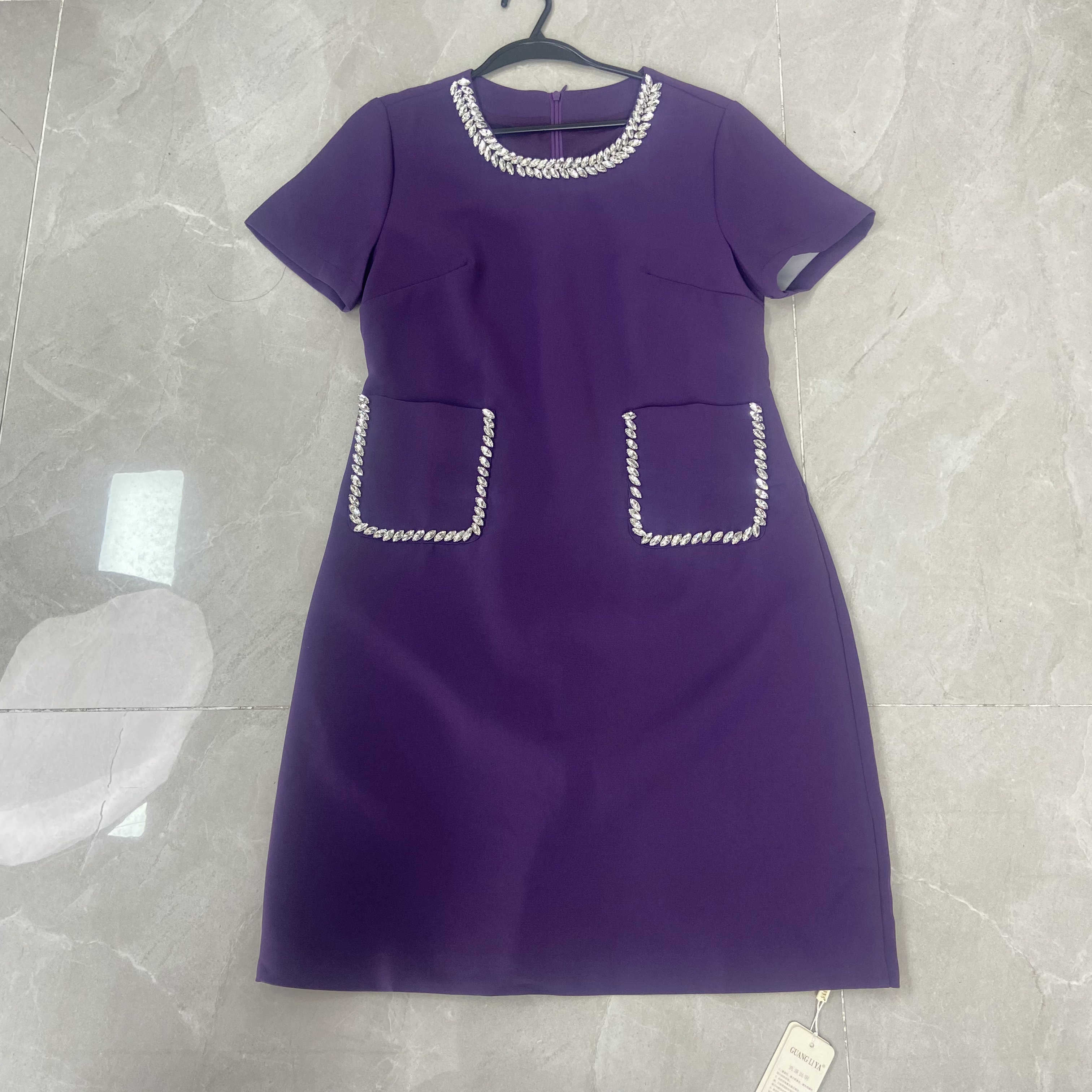 【庄喜儿Original】黑色紫色手工镶钻法式气质短袖连衣裙G223