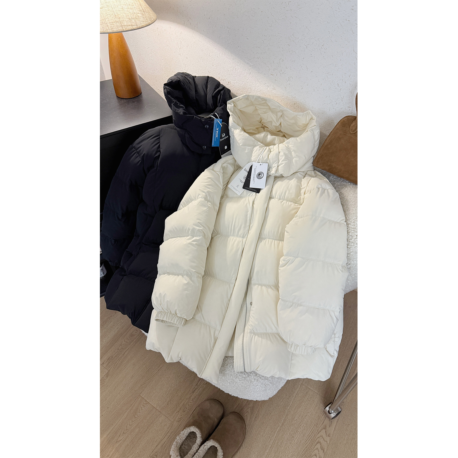 苏安家90白鸭绒连帽中长款羽绒服