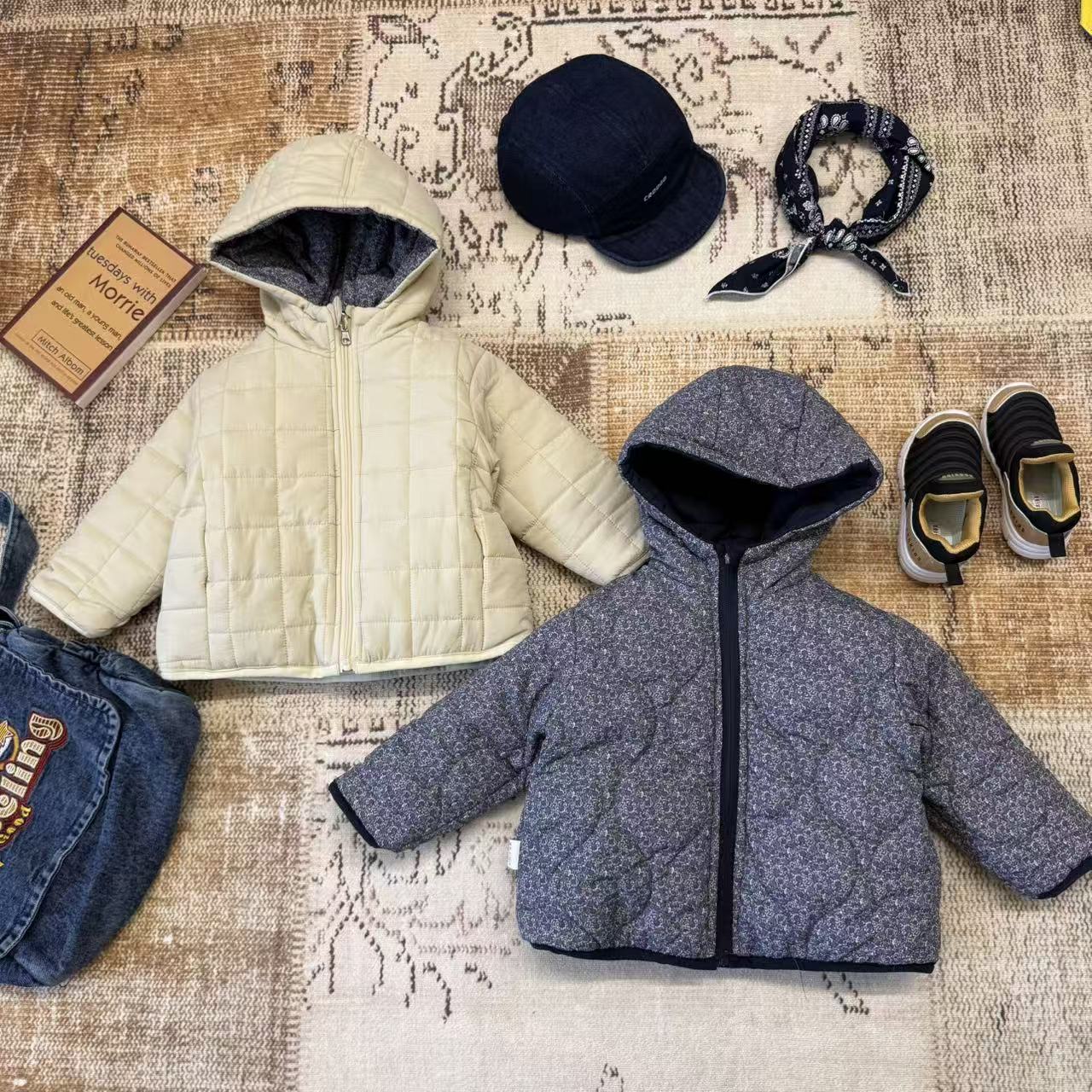 儿童秋冬格子花布两面穿连帽外套H2515