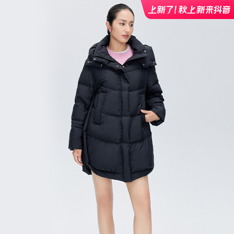 艾莱依冬季新款长款女款户外运动时尚百搭连帽保暖外套1476