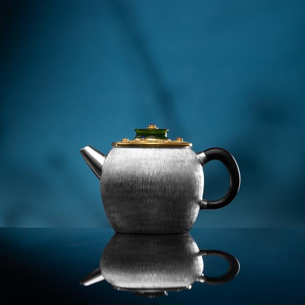 呆坐-鎏金掐丝嵌宝*碧*玉*壶-茶器-茶具-银壶