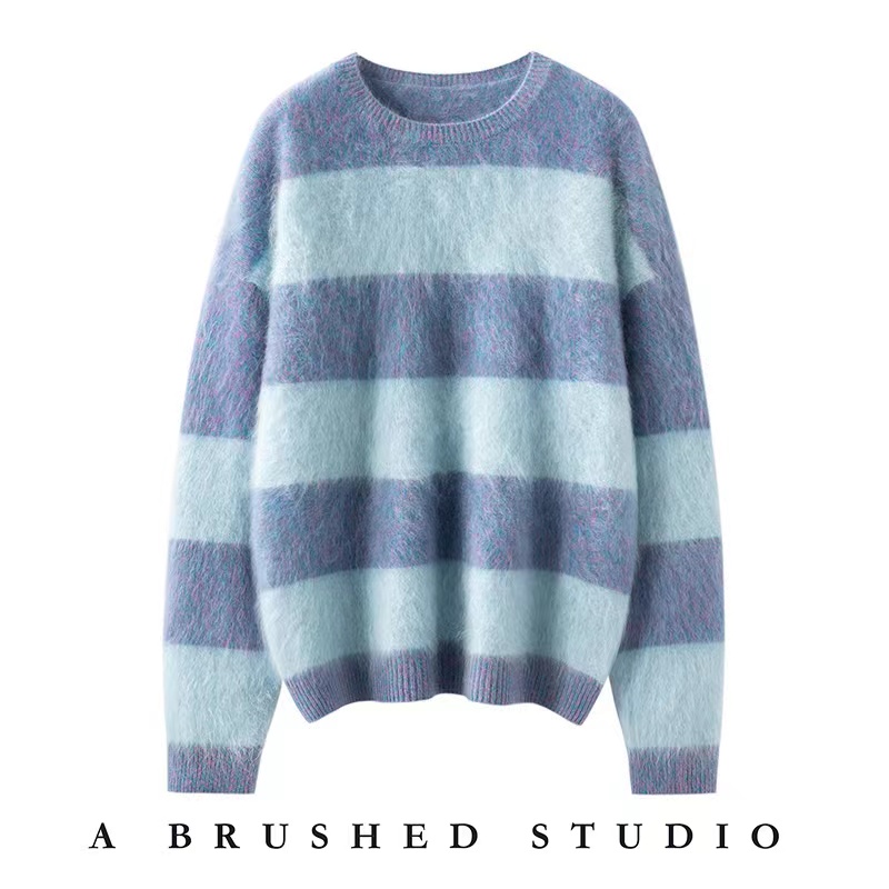 【云感拉绒】100%羊绒拉绒圆领宽松条纹撞色韩版加厚羊绒衫  848