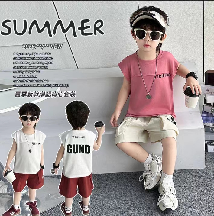 印花薄款夏季男韩版斜襟系带套装童装上衣运动小童迷彩风