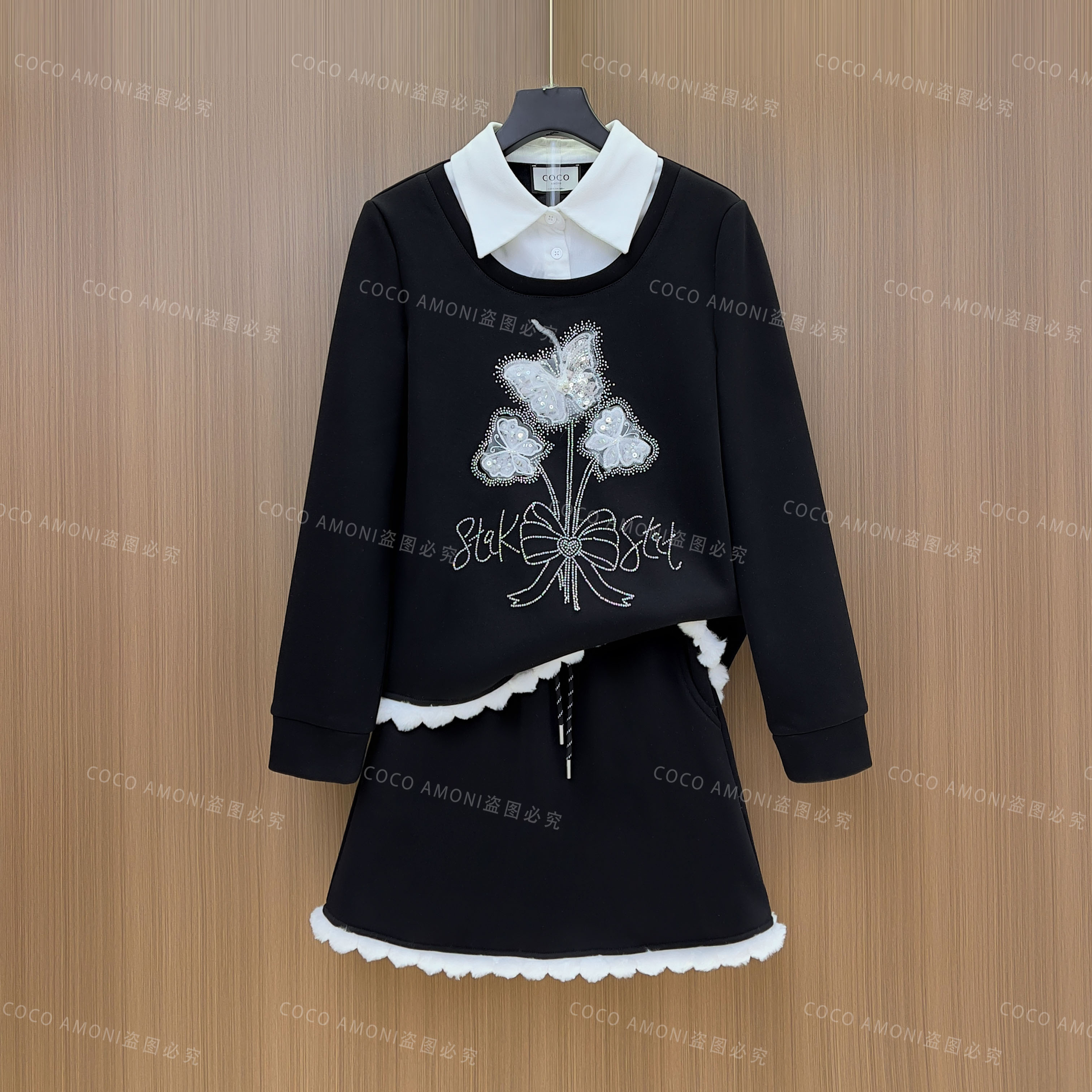 高级设计师秋冬季原创女拼接重工烫钻蝴蝶显瘦气质套装LDD115