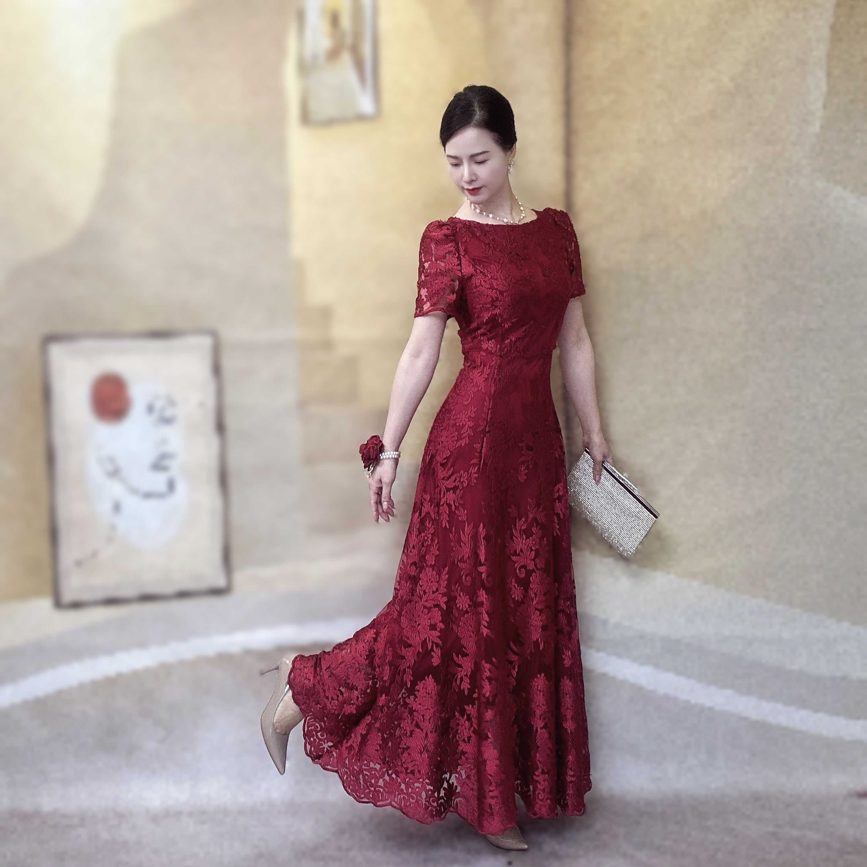 喜妃琳 0065 喜婆婆喜妈妈装蕾丝连衣裙晚宴礼服蕾丝刺绣