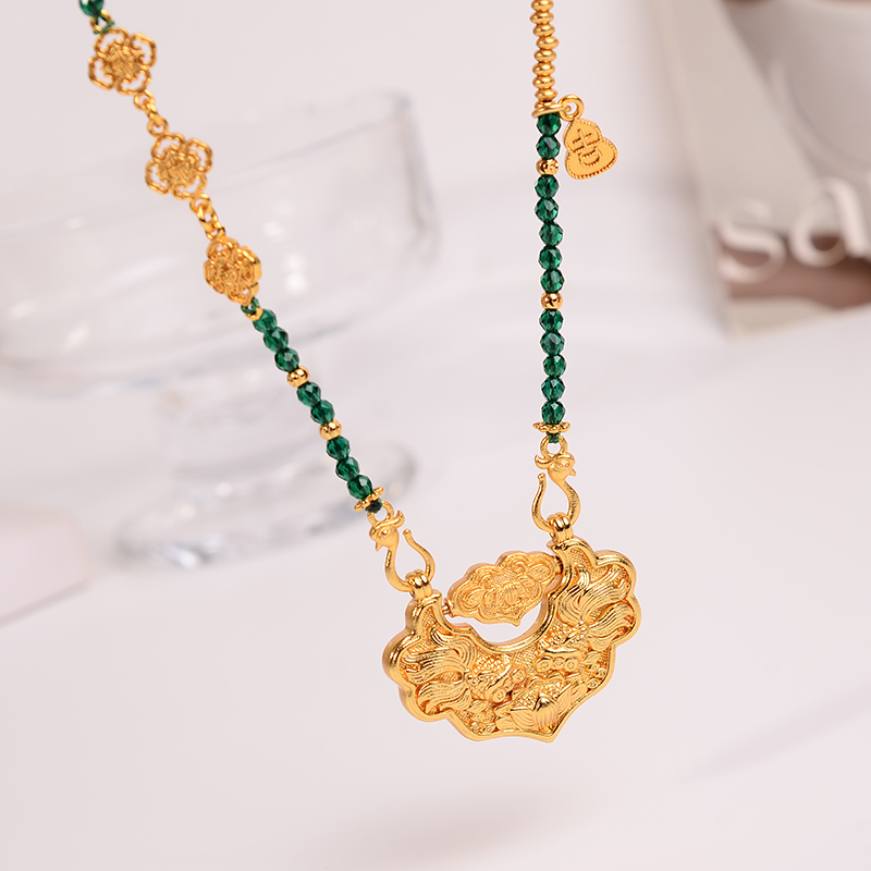 铜合金项链 新中式双鱼锁包项链女串珠高级感百搭轻奢衣服配饰