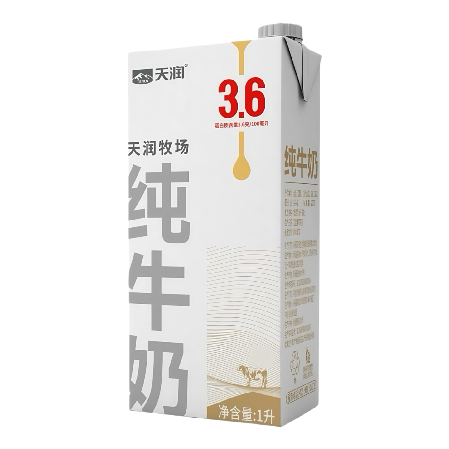 天润牧场纯牛奶1L家庭装全脂灭菌乳早餐奶蛋白质含量3.6克100毫升