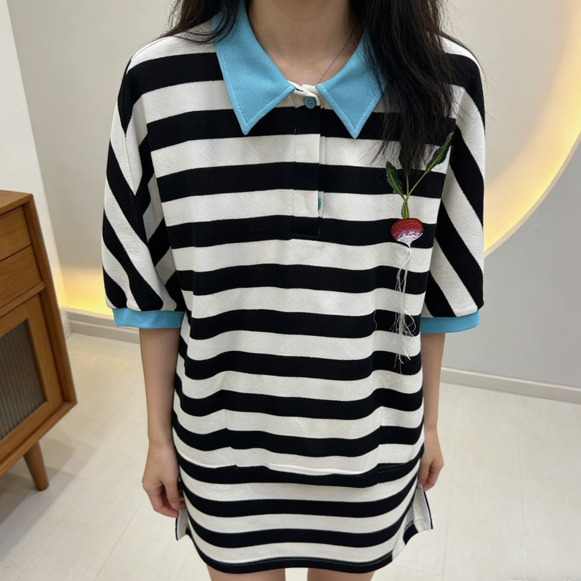 孤品T恤-衬衫萝卜刺绣短袖横条纹71301