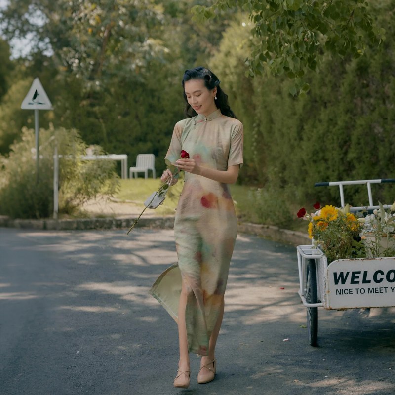 四分连袖有省半开襟盘扣长款 复古日常印花旗袍 秋云