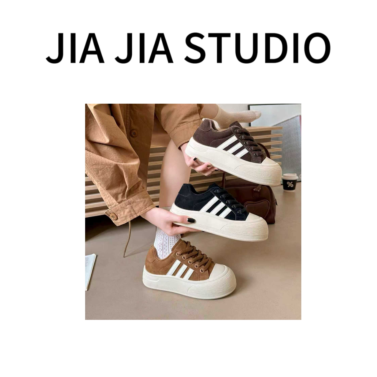 嘉嘉推荐#2805【加绒加厚】厚底大头三道杠面包鞋