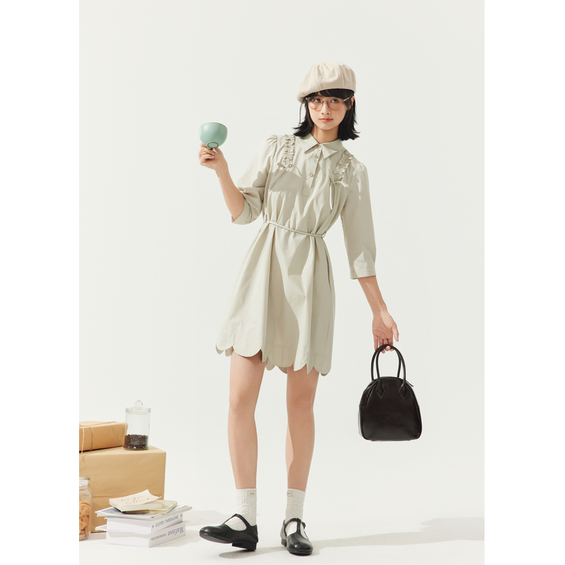 紫涵POLO领七分袖连衣裙女2025秋季新款下摆花瓣短裙Z5Z06AN163