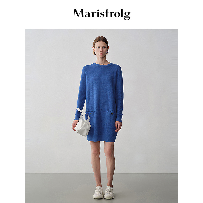【新能量色彩】玛丝菲尔经典蓝色小口袋茧型针织连衣裙A1BW3844M