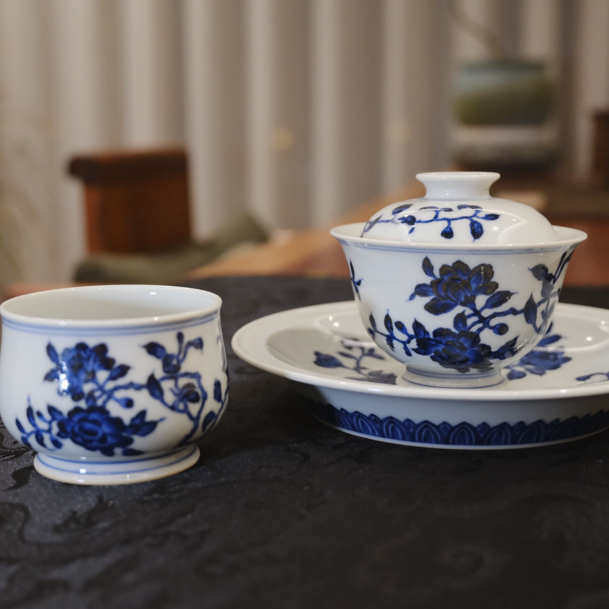 【又见春风】明青花瓷折枝花卉盖碗套组苏麻离青发色青花折枝茶具