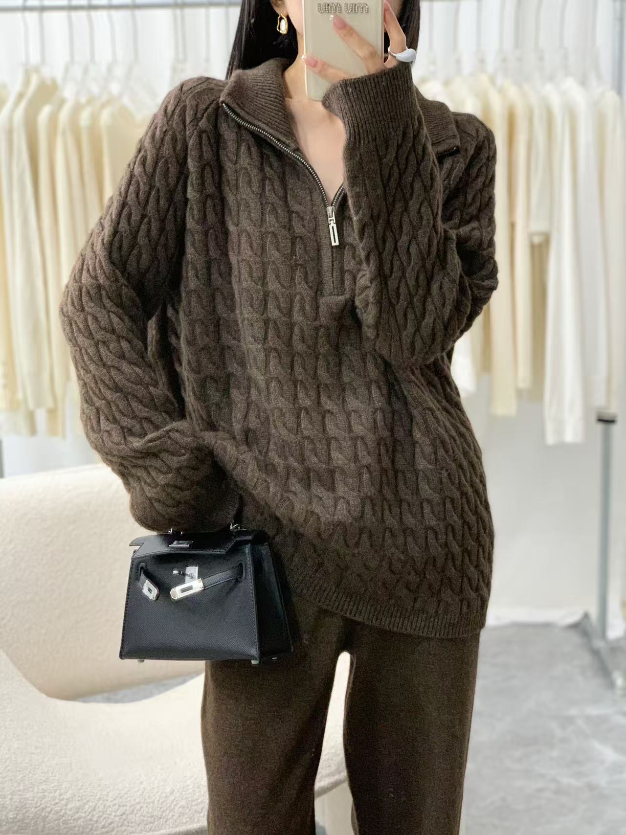 半拉链绞花宽松慵懒风款针织衫