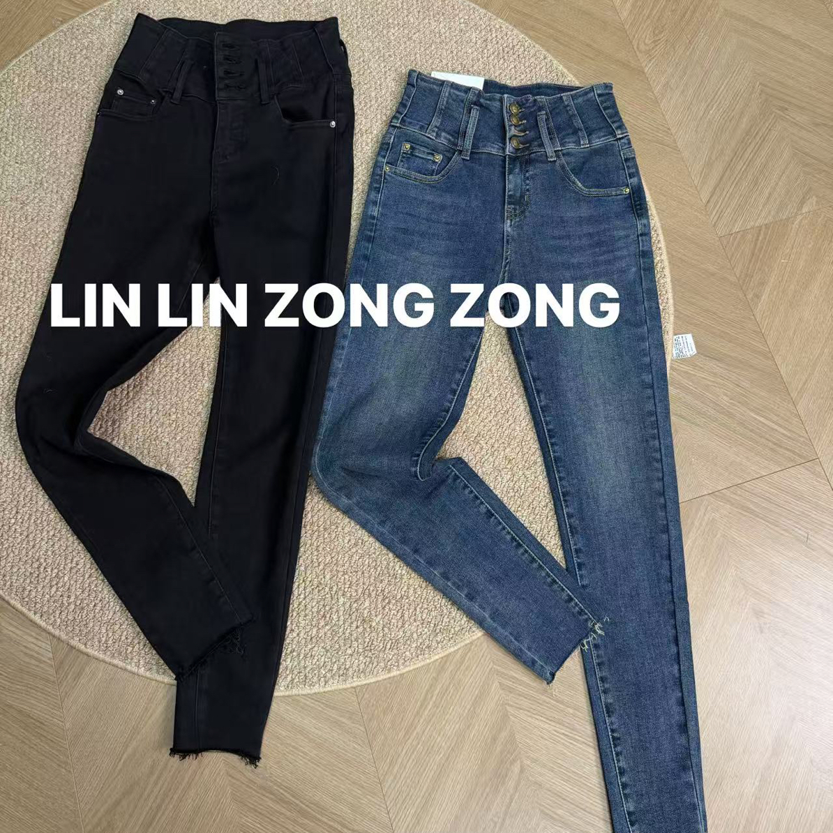 LIN ZONG“气质”百搭弹力修身显瘦黑色加绒高腰牛仔裤小脚裤女